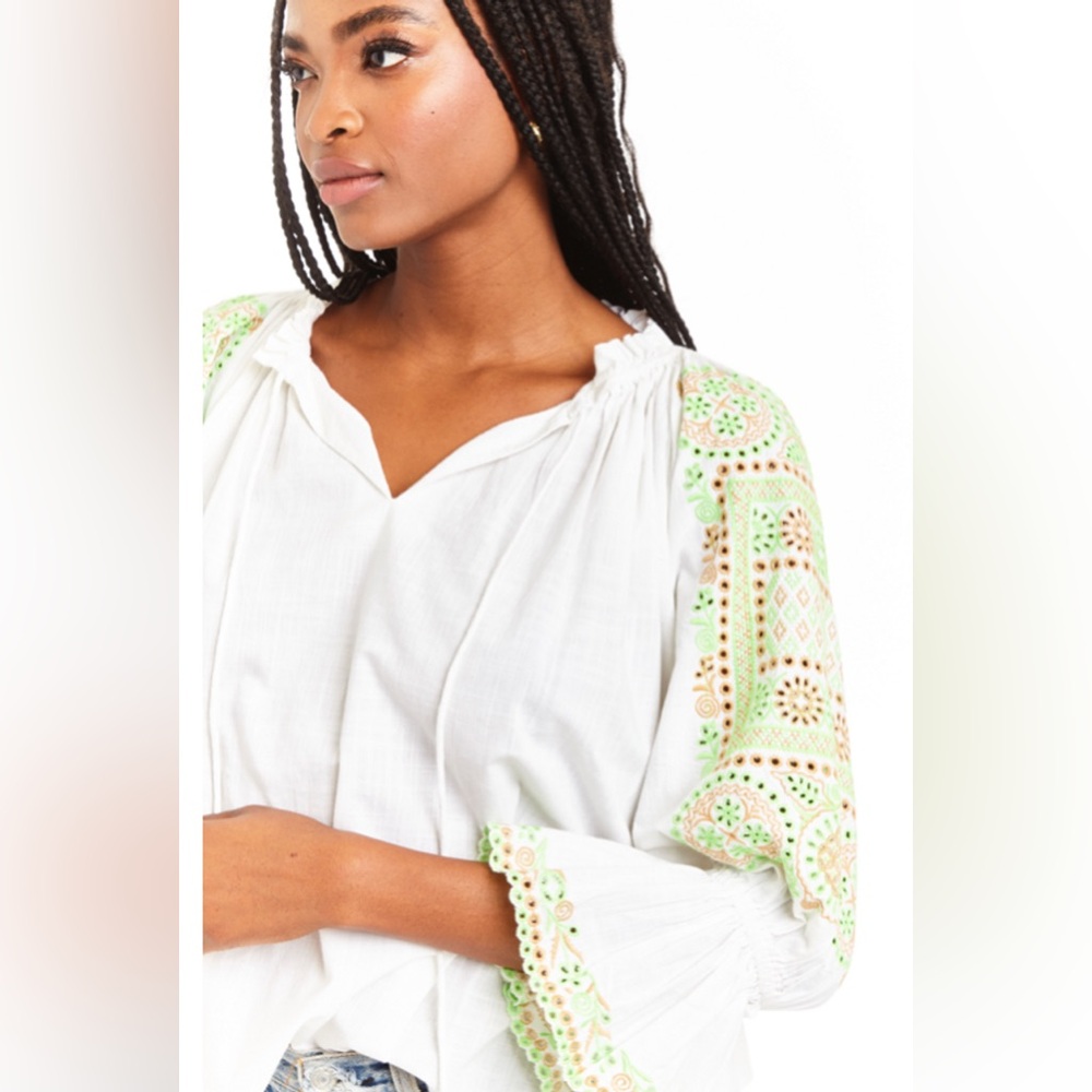 Love The Label Eyelet White Green Blouse XS